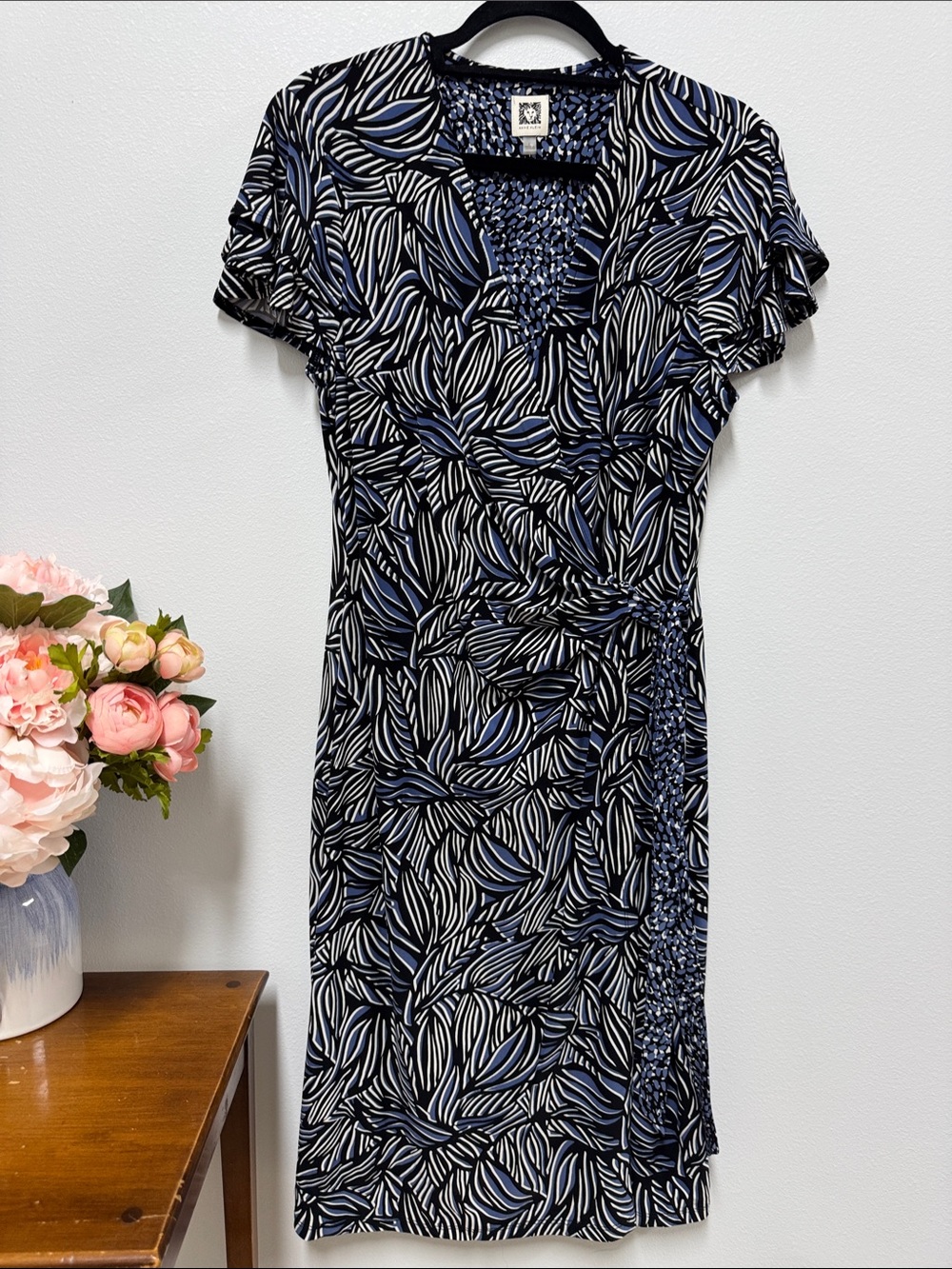 Blue and Black Leaf-Print Wrap Dress